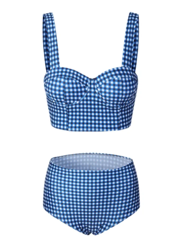 Blue 1950s Retro Plaid Strap Bikini Set Tie front bikini, Adjustable, Sexy, Comfortable