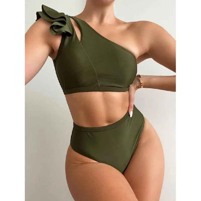 Army Green High Waist Ruffled Bikini Beach bikini set, Comfortable, Trendy, Sexy