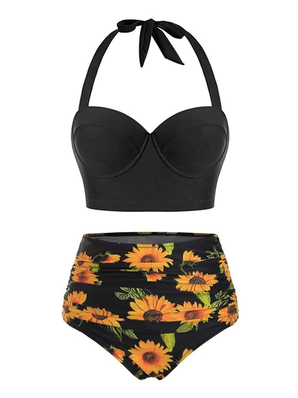 Halter Sunflower Pleated Bikini Set High-neck bikini set, Sexy, Trendy, Comfortable