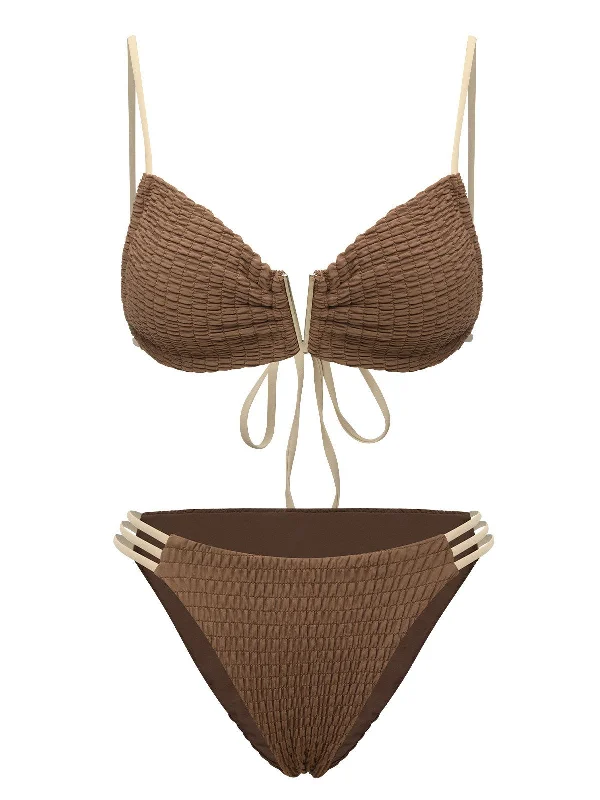 Khaki 1950s Spaghetti Straps Solid Bikini Set Cross-back bikini, Trendy, Chic, Sexy