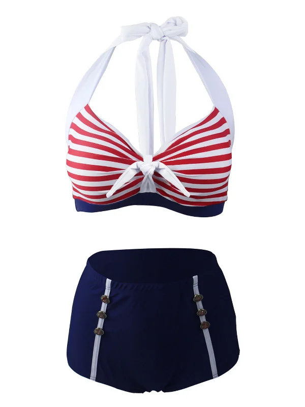 Navy Red 1950s Stripe Halter Bikini Tied side bikini, Adjustable, Sexy, Comfortable