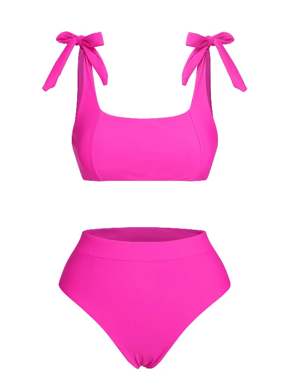 Pink 1950s Solid Shoulder Tie BIkini Set Fringed bikini top, Fun, Trendy, Sexy