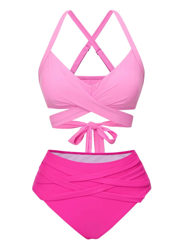 Pink 1960s Solid Strap Bandage Bikini Set Side tie bikini bottom, Adjustable, Sexy, Comfortable