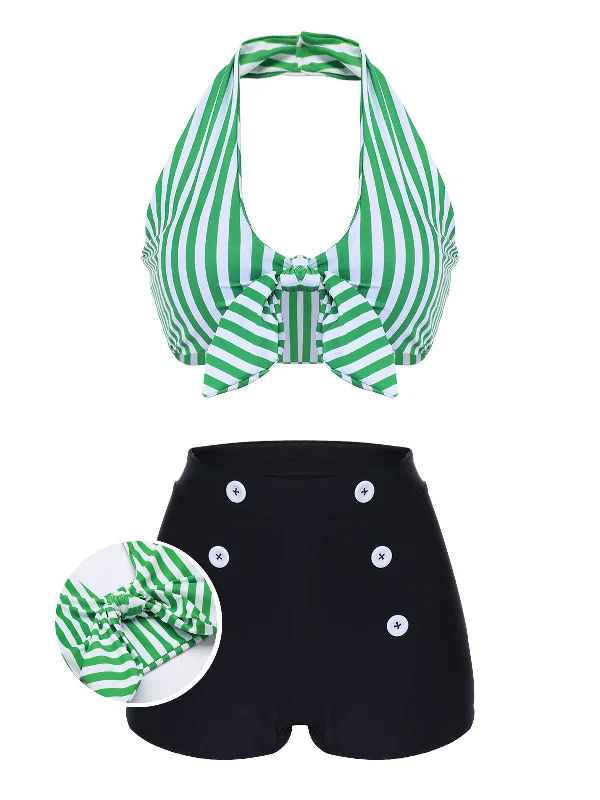 [Plus Size] Green 1950s Retro Halter Stripes Bikini Set Swim bikini, Beachwear, Comfortable, Trendy