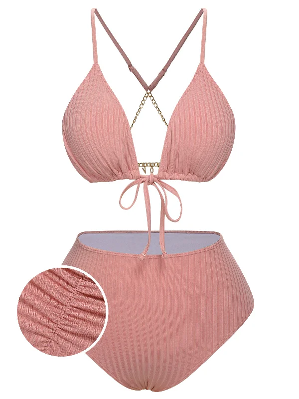 [Plus Size] Pink 1950s Solid Pleated Bikini Set Tied bikini top, Adjustable, Sexy, Comfortable