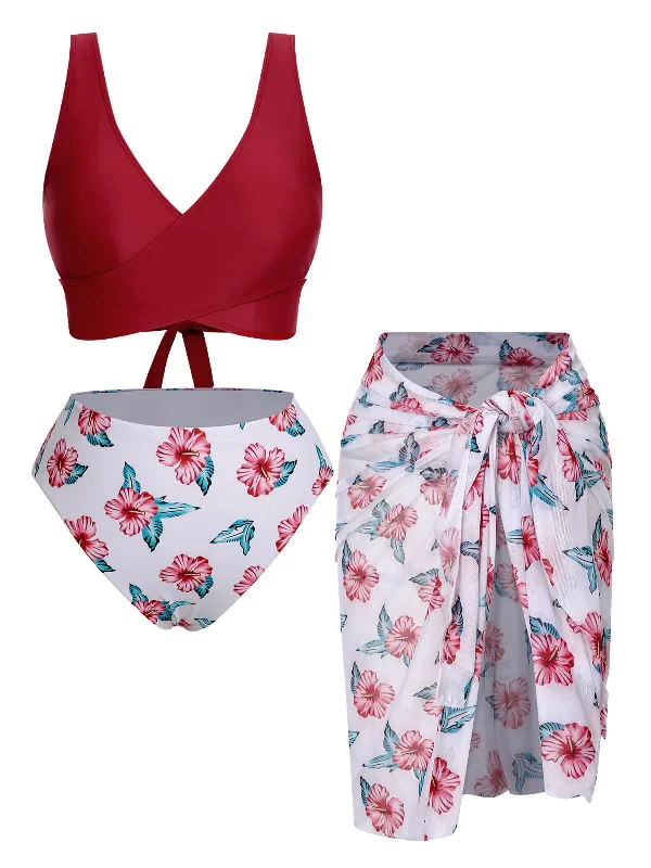 [Plus Size] Wine Red 1930s Floral Bikini Set & Cover-Up Backless bikini, Sexy, Elegant, Comfortable