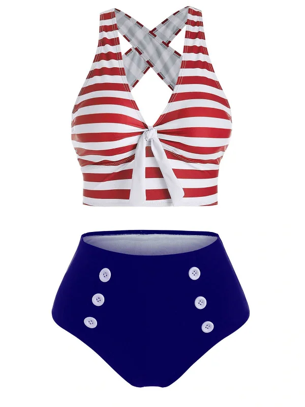 1950s Retro Strap Stripes Criss Cross Bikini Triangle bikini set, Sexy, Comfortable, Stylish