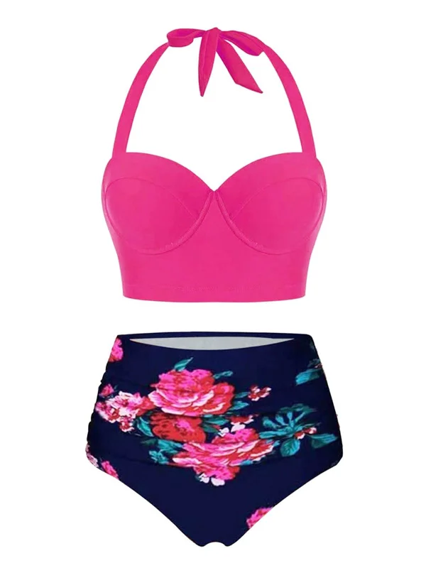 Rose Red 1950s Halter Flowers Bikini Set Bikini with beads, Glamorous, Trendy, Chic