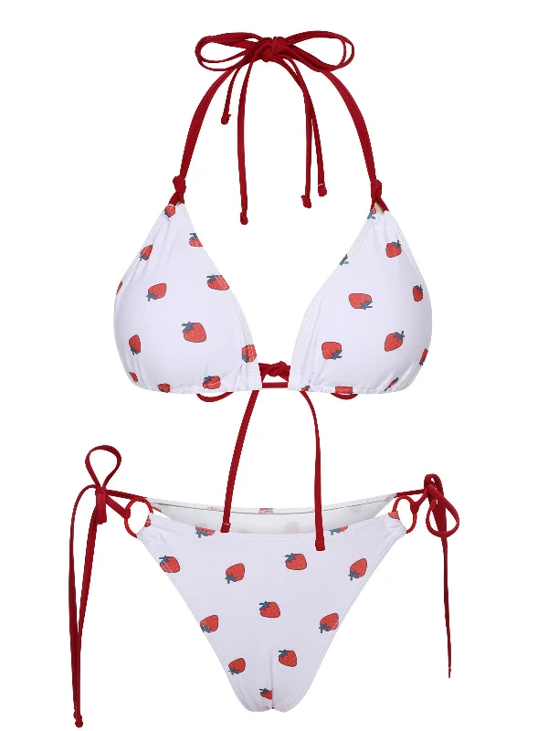 White 1960s Strawberry Lace-Up Halter Bikini Set Side tie bikini, Adjustable, Comfortable, Trendy