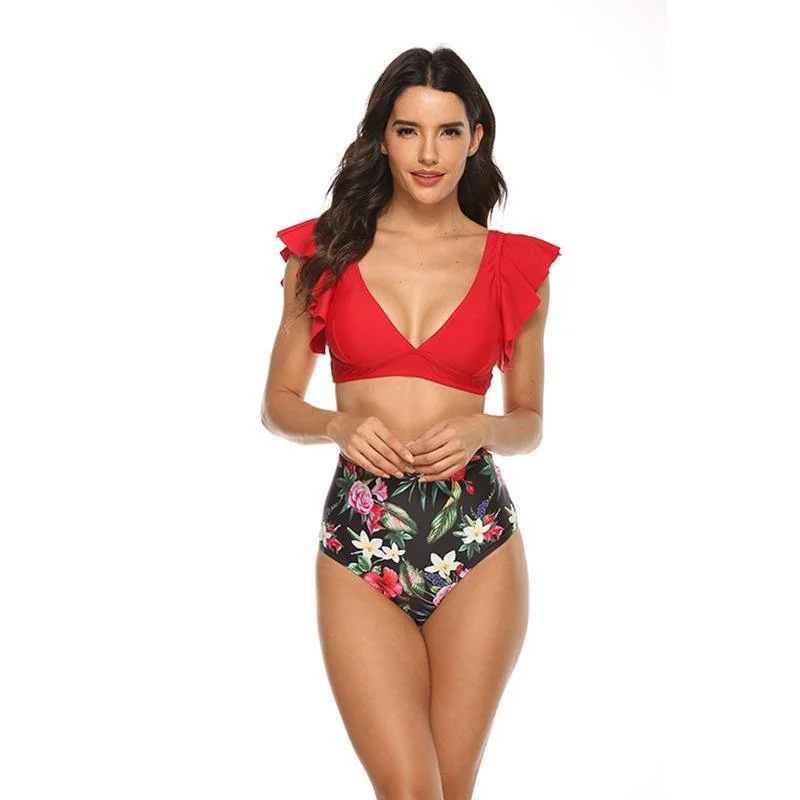 Ruffled High Waist Floral Bikini Bikini set, Matching top and bottom, Trendy, Comfortable
