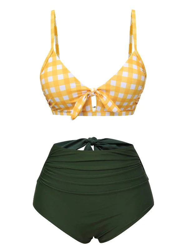 Yellow & Green 1950s Plaid Bow Bikini Set Soft fabric bikini, Comfortable, Chic, Sexy