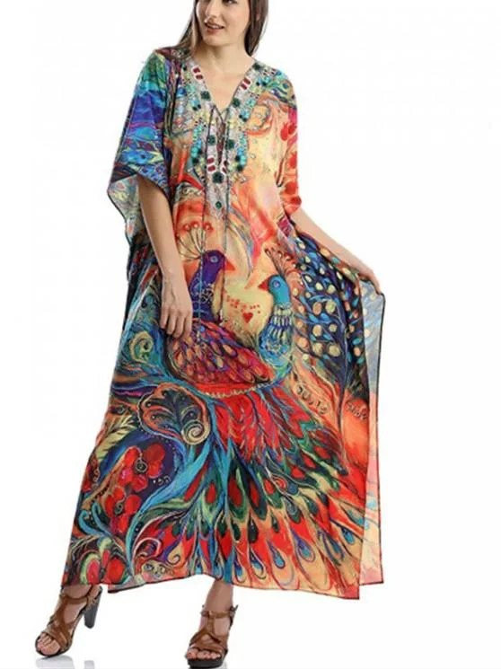 Peacock Orientation Print Beach Dress Holiday Long Dress Bikini Blouse Plunging bikini top, Sexy, Trendy, Beach style