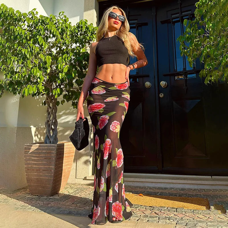 Sexy Mesh Sheer Long Skirt for Women Fashion Flower Print Slim Maxi Skirt Summer Bikini Cover Up Skirt Club Party Outfits Patterned bikini, Fun designs, Trendy, Comfortable