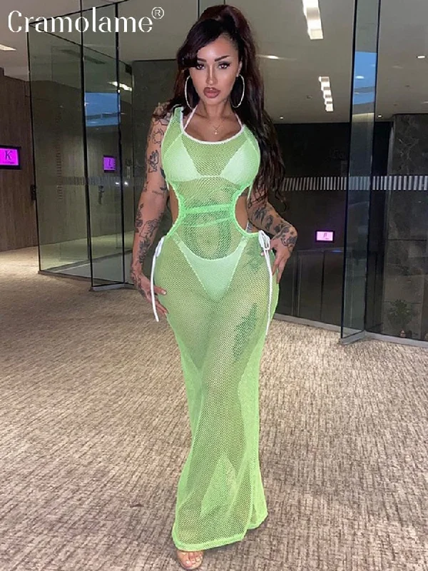 Sleeveless Cut Out Sexy Mesh Maxi Dress Women Backless Straps Party Bodycon Long Dresses Bikini Cover Up Beach Dress 2023 Summer Polka dot bikini top, Fun, Retro, Trendy
