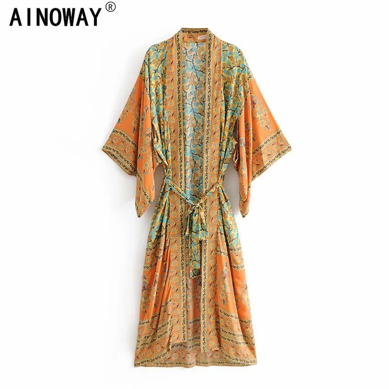 Vintage chic Women yellow Floral Print Sashes beach bohemian Kimono Ladies V Neck batwing Sleeves Maxi robe Boho bikini cover-up Plunging neckline bikini, Sexy, Fashionable, Trendy