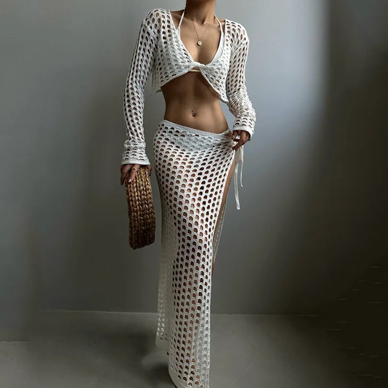 White Knitted Beach Outfits Women Sexy Hollow Out Crop Top and Maxi Skirt Sets Summer Holiday Bikini Cover Up Two Piece Set Padded triangle bikini, Comfortable, Sexy, Trendy
