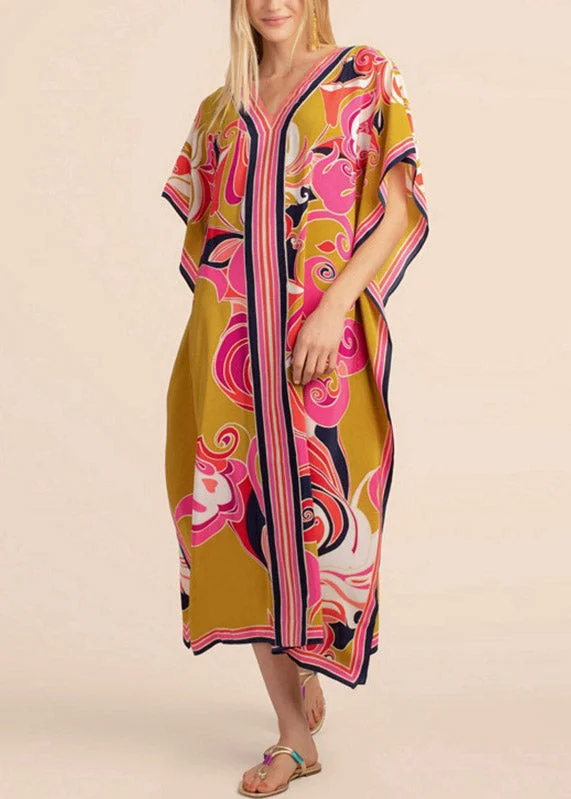 Long Kaftan Bohemian Printed Bikini Cover Ups Sexy Yellow V Neck Push-up bikini, Sexy, Trendy, Beachwear